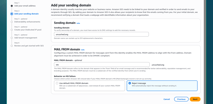 Amazon SES sending domain