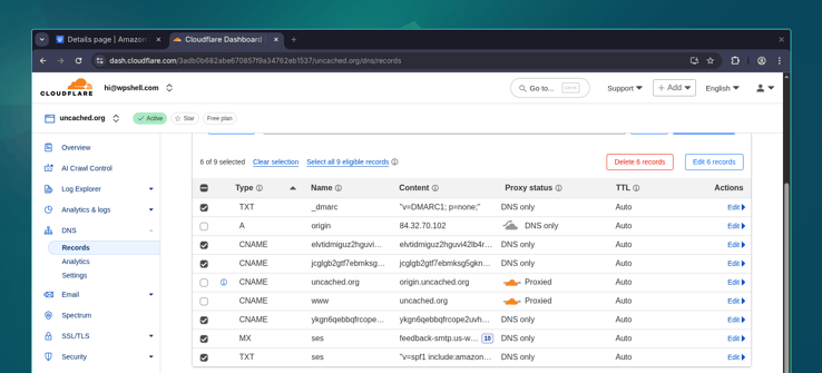 Cloudflare DNS records for SES