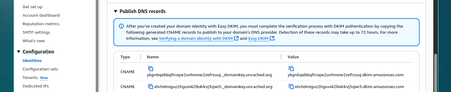 Amazon SES Publish DNS records